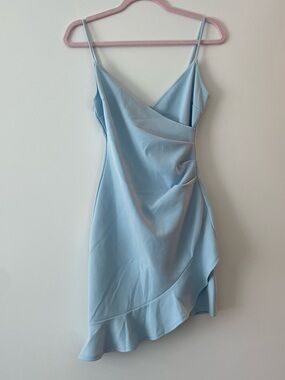 windsor light blue satin dress Blue Long Waist Cut Out Dress by Cinderella Divine 6485 – ABC Fashion main image 0